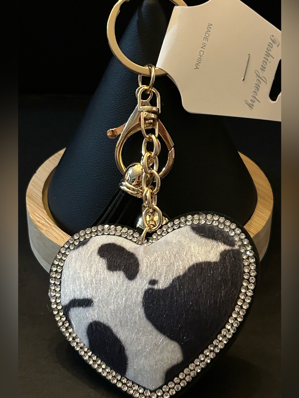 Black & White Cowhide Crystal 🖤 Heart Bag Charm Keychain with Gold Accents